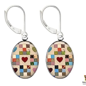Country Quilt Earrings: Sterling Silver Leverback Art Glass Earrings