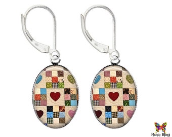 Country Quilt Earrings: Sterling Silver Leverback Art Glass Earrings