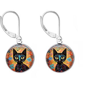 Black Cat Earrings: Sterling Silver Glass Photo Dangles, Handmade USA