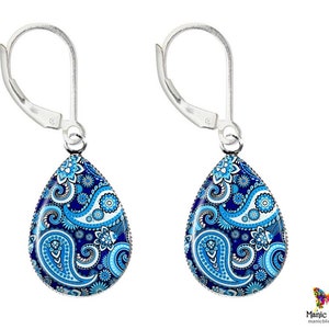 Blue Paisley Teardrop Earrings: Sterling Silver Leverbacks, Handmade USA