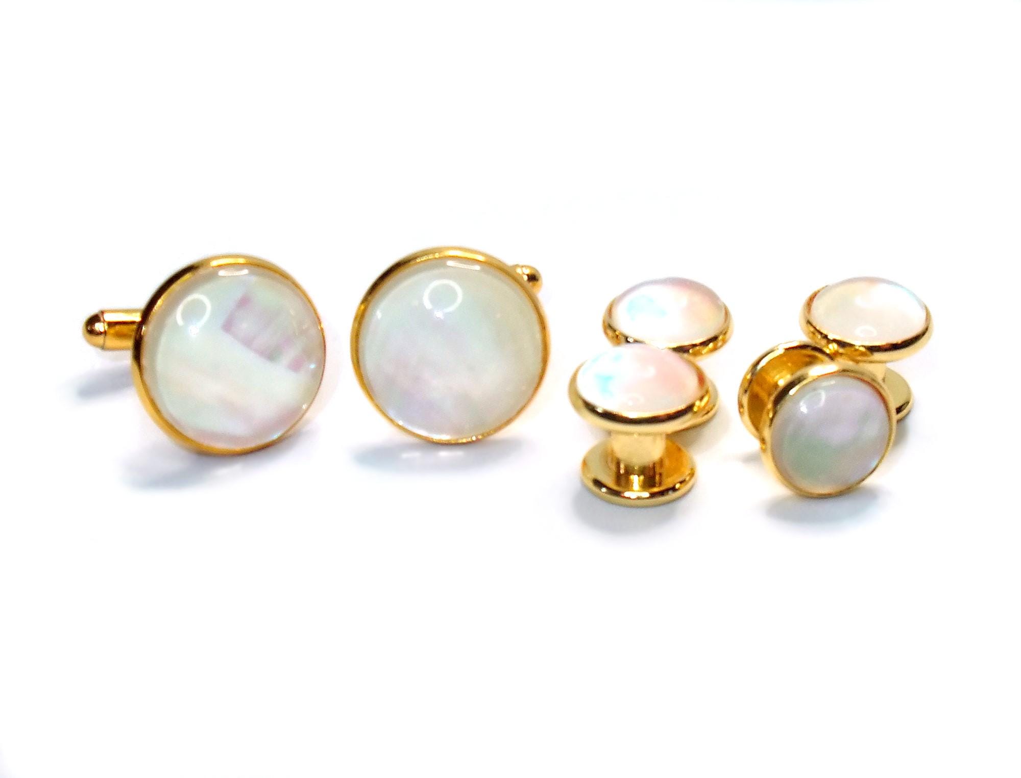 Mother of Pearl Cufflinks and Shirt Studs Gold or silver Plated: Handmade Iridescent Shell