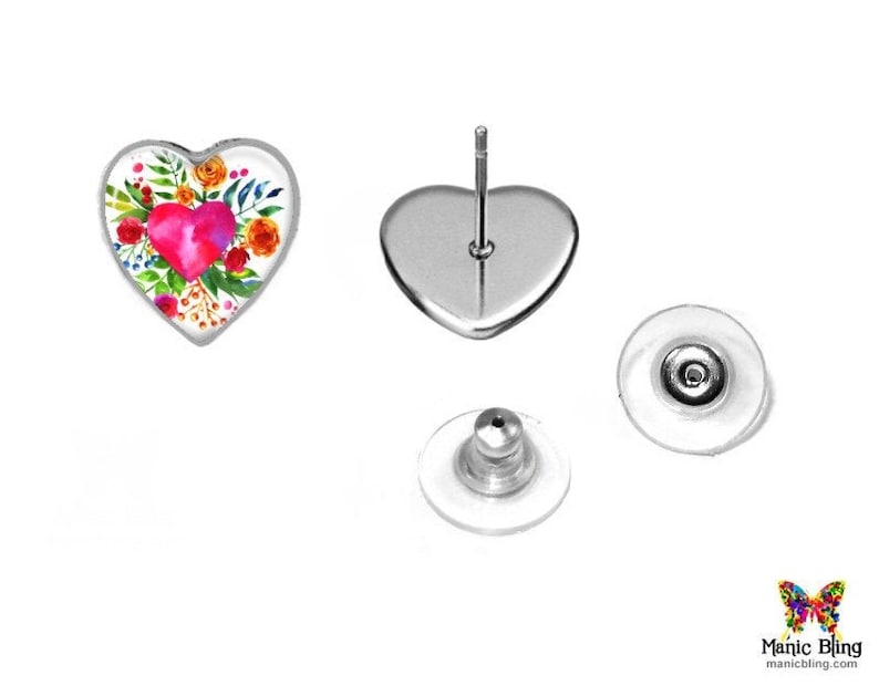 Handmade in the USA Art Glass Earrings 12mm Stainless Steel Heart Earrings Watercolor Rose Heart Earrings