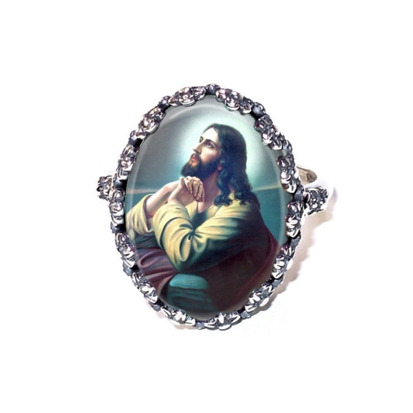 Jesus Ring | Solid 925 Sterling Silver Adjustable 13mm x 18mm Oval Ring | Glass Photo Ring | Statement Ring
