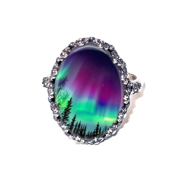 Northern Lights Ring | Solid 925 Sterling Silver Adjustable 13mm x 18mm Oval Ring | Glass Photo Ring | Statement Ring