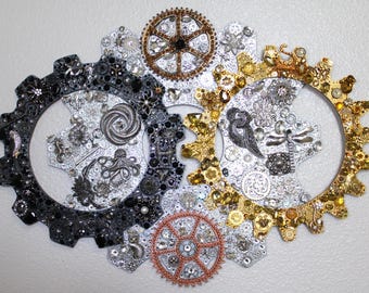 Steampunk Gears Wall Art: Repurposed Jewelry Collage, Handmade USA