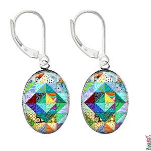 Quilter Earrings: Sterling Silver Quilt Photo Cabochons, Handmade USA