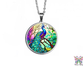 Bright Peacock Pendant | Colorful Art Glass Pendant | Hypoallergenic Stainless Steel Glass Photo Necklace | Handmade in the USA