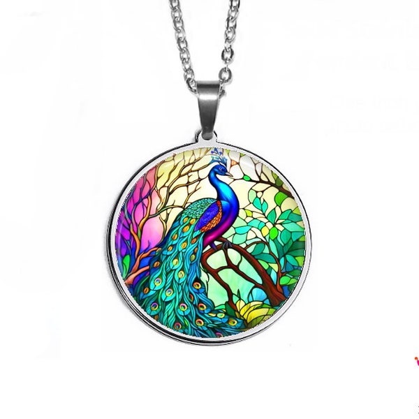 Bright Peacock Pendant | Colorful Art Glass Pendant | Hypoallergenic Stainless Steel Glass Photo Necklace | Handmade in the USA