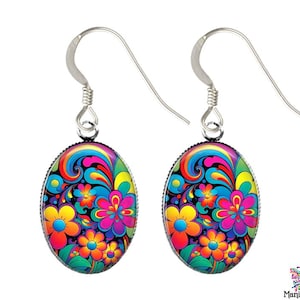 Psychedelic Sterling Silver Earrings: 1960s Style Floral Glass Photo