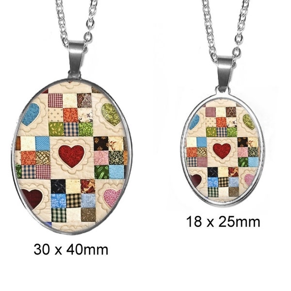 Country Quilt Photo Pendant | Quilter Necklace | 40mm x 30mm, 25mm x 18mm Stainless Steel Glass Photo Necklace | Handmade in the USA