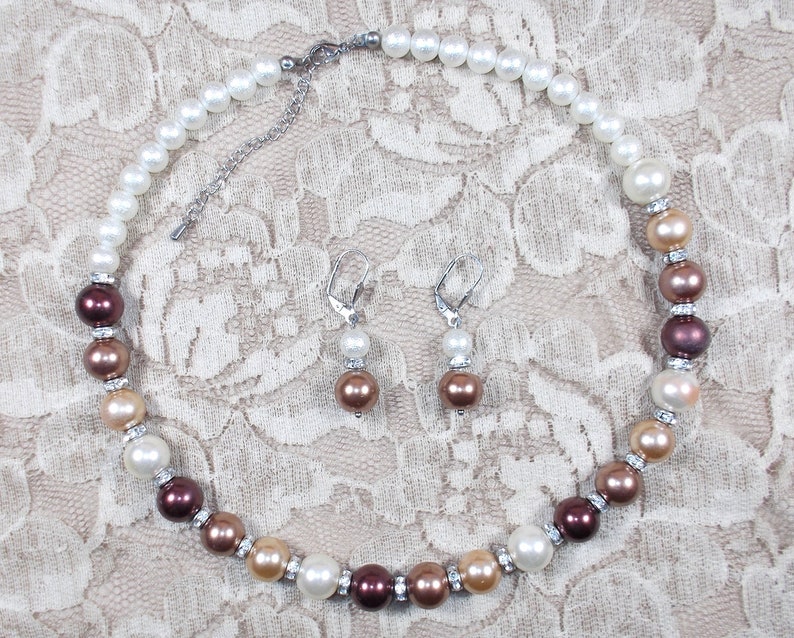 Glass Pearl Jewelry Set Big Bead Statement Necklace Brown Pearl Necklace /& Earrings Multi-color Glass Pearl Necklace