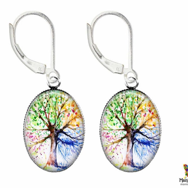 Four Seasons Earrings | Watercolor Tree Earrings | Sterling Silver Leverback Earrings | Tree of Life Earrings | Handmade in the USA