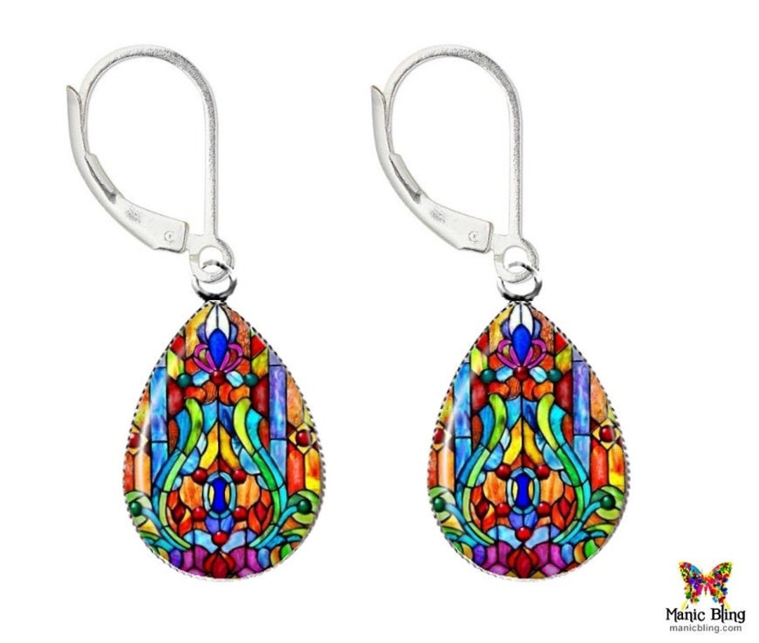 Colorful Stained Glass Earrings Solid 925 Sterling Silver Earrings