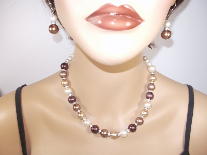 Glass Pearl Jewelry Set Big Bead Statement Necklace Brown Pearl Necklace /& Earrings Multi-color Glass Pearl Necklace