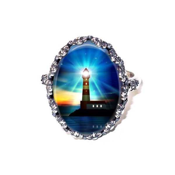 Lighthouse Ring | Solid 925 Sterling Silver Adjustable 13mm x 18mm Oval Ring | Glass Photo Ring | Statement Ring