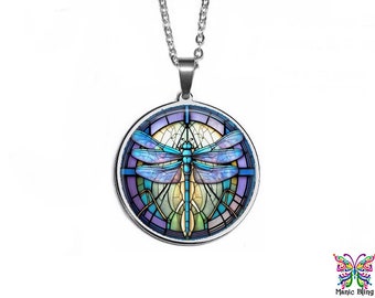 Blue Dragonfly Pendant | Colorful Art Glass Pendant | Hypoallergenic Stainless Steel Glass Photo Necklace | Handmade in the USA