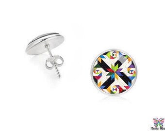 Colorful Star Quilt Stud Earrings | Solid 925 Sterling Silver Earrings | Glass Photo Earrings | Gift for Friend | Handmade in the USA