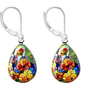 Stained Glass Floral Earrings | Solid 925 Sterling Silver Leverback Earrings | Teardrop Glass Art Earrings | Handmade in the USA