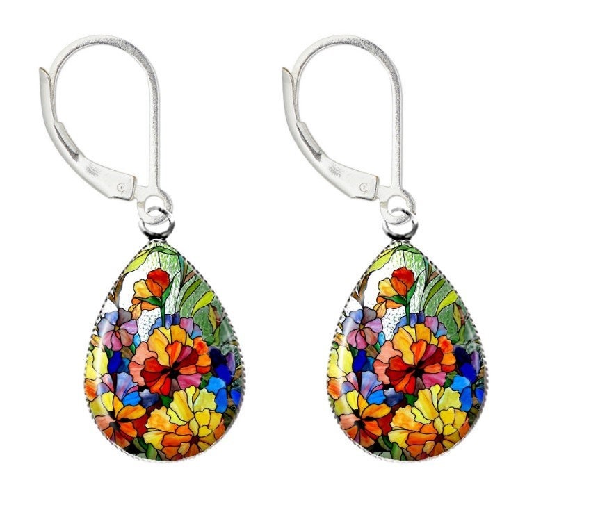 Stained Glass Earrings Solid 925 Sterling Silver Leverback Etsy