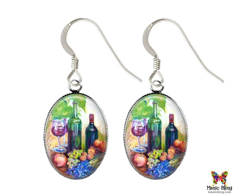 Handmade in the USA Wine Art Earrings Art Glass Earrings Wine Lover Earrings Solid 925 Sterling Silver Earrings