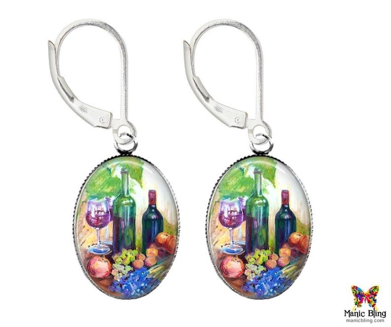 Handmade in the USA Wine Art Earrings Art Glass Earrings Wine Lover Earrings Solid 925 Sterling Silver Earrings