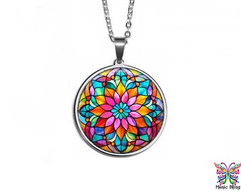 Bright Stained Glass Look Pendant | Colorful Art Glass Pendant | Hypoallergenic Stainless Steel Glass Photo Necklace | Handmade in the USA