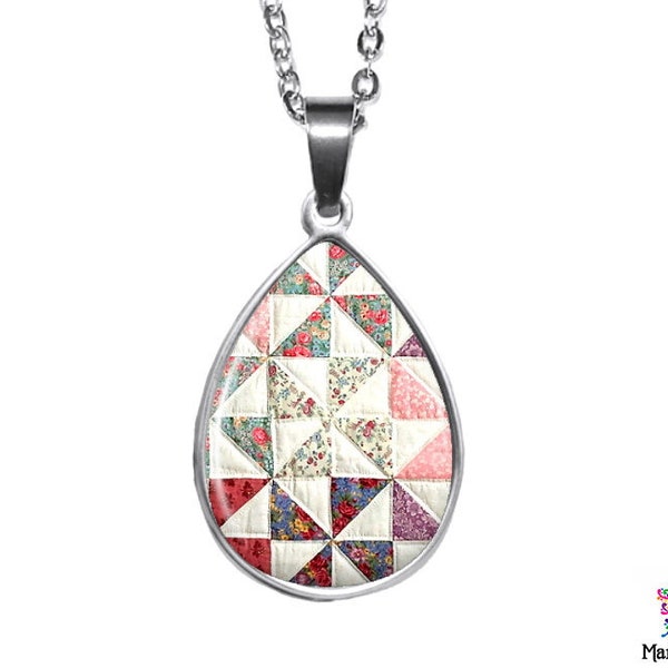 Pinwheel Quilt Pendant | Quilter Pendant | 18 x 25 mm Teardrop Stainless Steel Glass Photo Necklace | Handmade in the USA