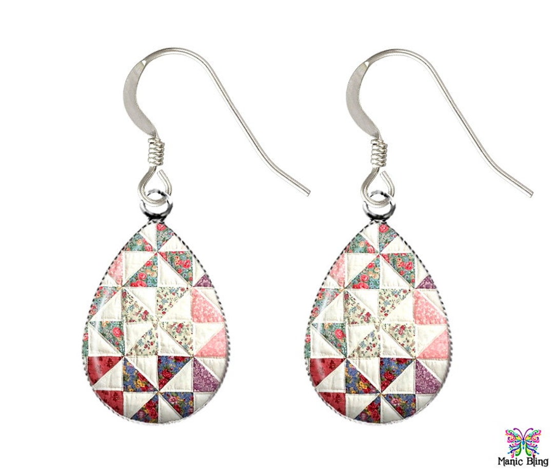 Pinwheel Quilt Earrings Glass Earrings Solid 925 Sterling Silver French