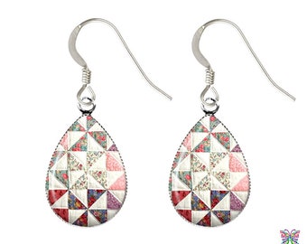 Pinwheel Quilt Art Glass Earrings: Sterling Silver French Wire, Handmade USA