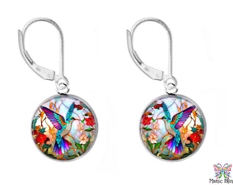 Hummingbird Earrings | Stained Glass Look Sterling Silver Earrings | 20mm Glass Photo Earrings | Best Selling Earrings | Handmade in the USA