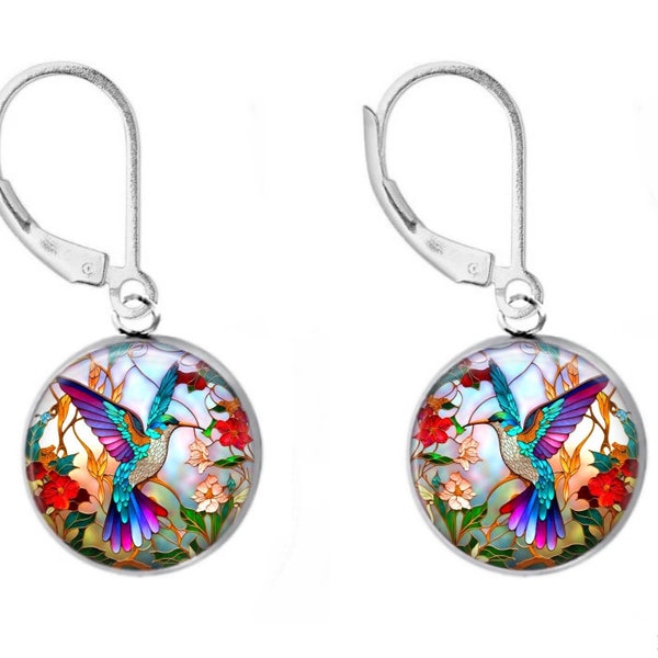 Hummingbird Earrings | Stained Glass Look Sterling Silver Earrings | 20mm Glass Photo Earrings | Best Selling Earrings | Handmade in the USA