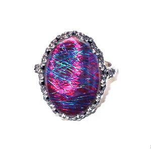 Large Iridescent Glass Opal Ring | Magenta Glass Art Ring 13mm x 18mm | Glass Opal Solid 925 Sterling Silver Adjustable Opal Statement Ring