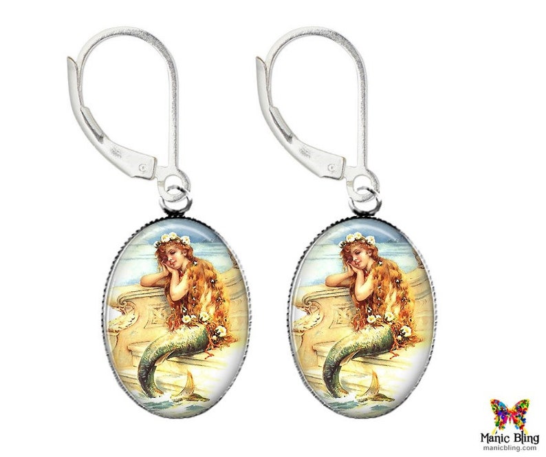 Art Glass Earrings Handmade in the USA Vintage Mermaid Earrings Solid 925 Sterling Silver Earrings Mermaid Earrings