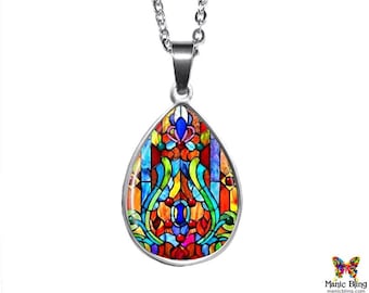 Colorful Stained Glass Pendant | Mosaic Glass Pendant | 18 x 25 mm Teardrop Stainless Steel Glass Photo Necklace | Handmade in the USA