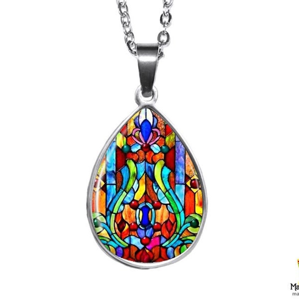 Colorful Stained Glass Pendant | Mosaic Glass Pendant | 18 x 25 mm Teardrop Stainless Steel Glass Photo Necklace | Handmade in the USA