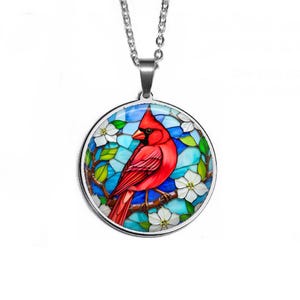 Cardinal Pendant: Stained Glass Style, Stainless Steel Necklace, Handmade USA