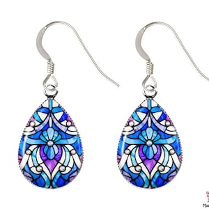 Blue Stained Glass Photo Earrings: Teardrop Sterling Silver Art