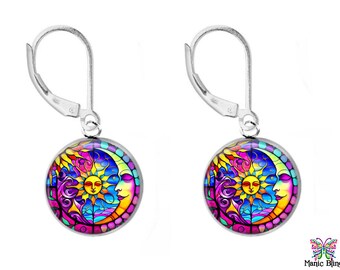 Sun and Moon Earrings | Stained Glass Look Sterling Silver Earrings | Glass Photo Earrings | Best Selling Earrings | Handmade in the USA