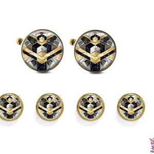 Boutons De Manchette Vintage Noir Et Cristal Avec Deux Boutons Assortis - Occasion