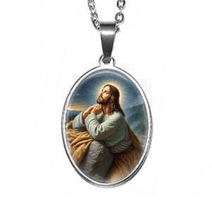 Praying Jesus Pendant: Stainless Steel Photo Necklace, Handmade USA