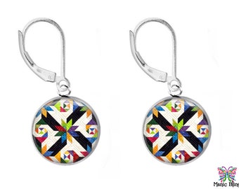 Sterling Silver Star Quilt Earrings: 20mm Glass Photo Cabochon, Quilter Gift, Handmade in USA