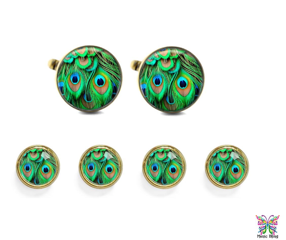 Peacock Feather Cufflinks and Shirt Studs: Gold or Silver Finish