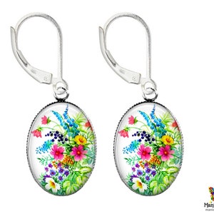 Watercolor Wildflower Earrings: Sterling Silver Glass Art, Handmade USA