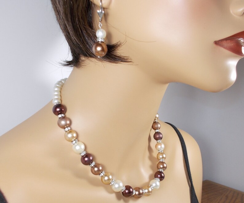 Glass Pearl Jewelry Set Big Bead Statement Necklace Brown Pearl Necklace /& Earrings Multi-color Glass Pearl Necklace