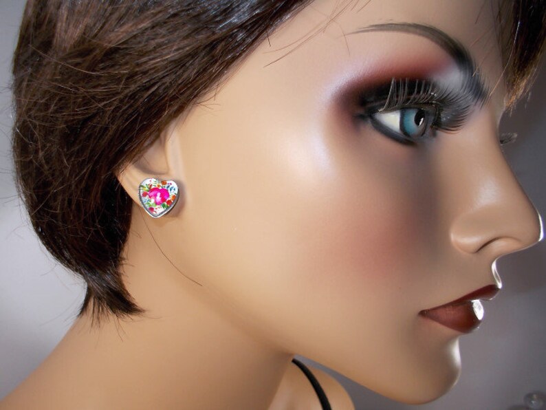 Handmade in the USA Art Glass Earrings 12mm Stainless Steel Heart Earrings Watercolor Rose Heart Earrings