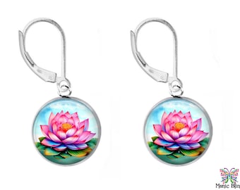 Pink Water Lily Earrings | 925 Sterling Silver Sterling Silver Earrings | Glass Photo Earrings | Handmade in the USA