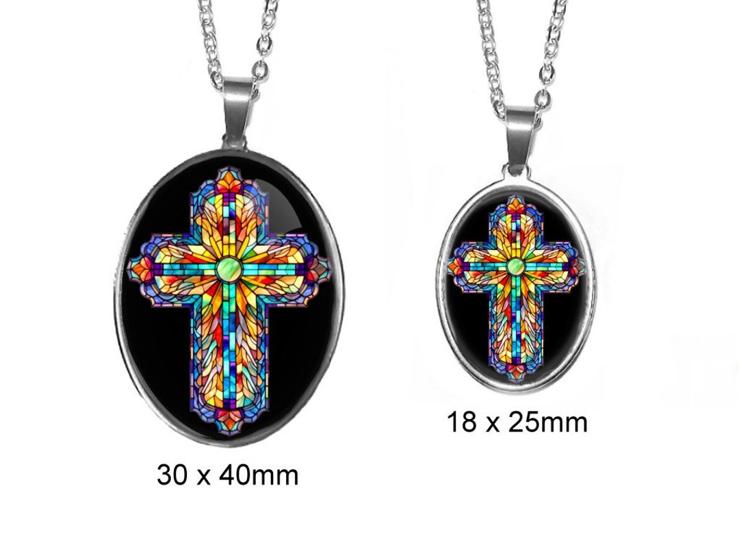 Stained Glass Cross Photo Pendant Stainless Steel Glass Photo Necklace