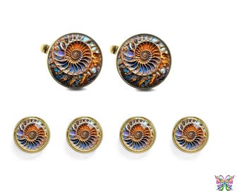 Nautilus Art Glass Cufflinks and Tuxedo Studs: Made in USA