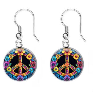Psychedelic Peace Sign Earrings: Sterling Silver Glass Photo Art, Handmade USA