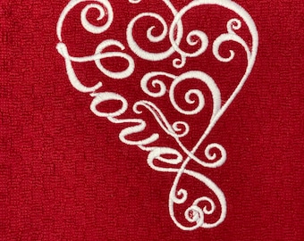 Embroidered Love Scroll/Flourish Heart Hand Towel, Valentines gift